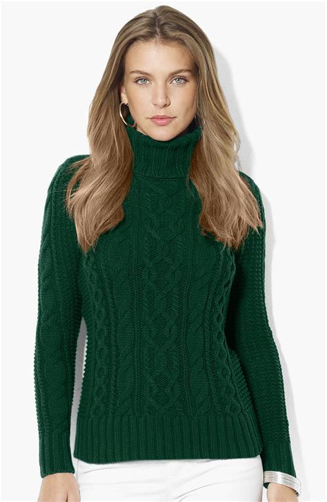 Lauren By Ralph Lauren Turtleneck Cable Sweater In Green Cricket Green