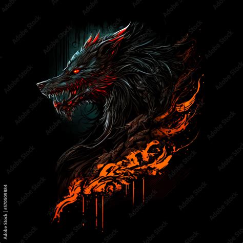 Mystical scandinavian beast wolf Fenrir in flame and darkness. Fenrir's beast head on black ...