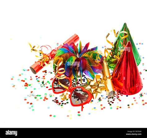 colorful decoration with garlands, confetti and party accessories. holidays background Stock ...