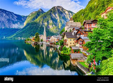 Hallstatt Austria Mountain Village In The Austrian Alps At Sunrise