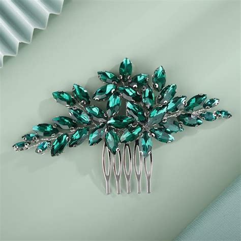 Kercisbeauty Wedding Bridal Small Cute Dark Green Crystal Silver Hair