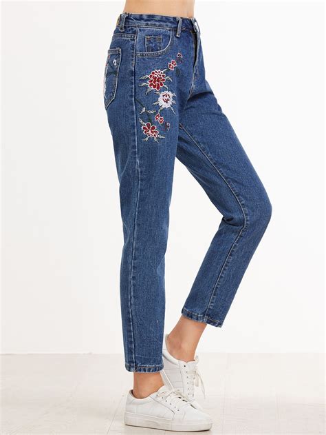 Dark Blue Flower Embroidered Straight Leg Jeans Bordado Em Jeans