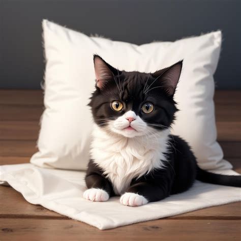 Premium AI Image | a black and white cat sits on a white pillow with a white pillow.