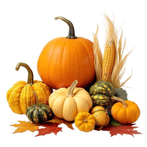 Vertical Composition Of Fall Harvest Pumpkins Corncob Colorful Leaves Thanksgiving Day And