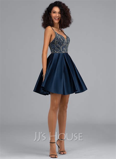 A Line V Neck Short Mini Satin Homecoming Dress With Beading Sequins