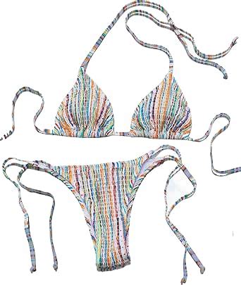 Amazon MakeMeChic Women S Striped 2 Piece Bikini Set Swimsuit Halter Tie Side High Cut