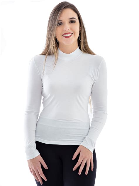 Blusa Gola Alta Feminina Viscolycra Manga Longa Branca