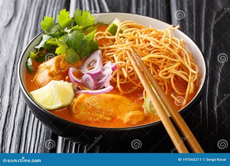 Chicken Khao Soi Thai Coconut Curry Noodle Soup Closeup In The Bowl