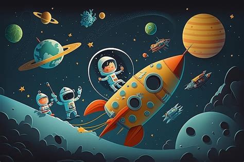 A cartoon of kids in space with a rocket ship and planets. | Premium AI ...