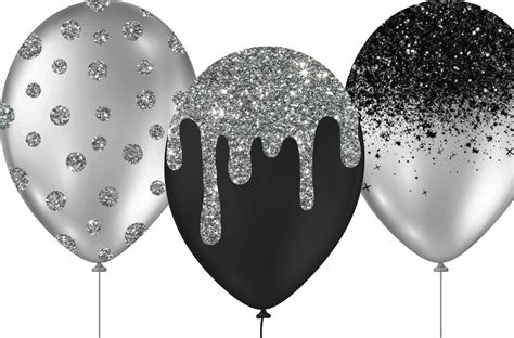 Black And Silver Balloons Clipart Glitter Balloon PNG Digital Overlays