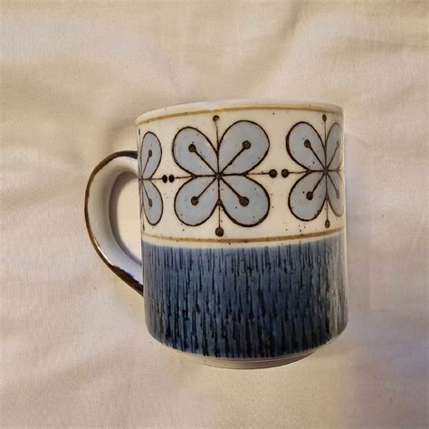 Vintage Otagiri Style Stoneware Mug Blue Brown Flower Floral Mid