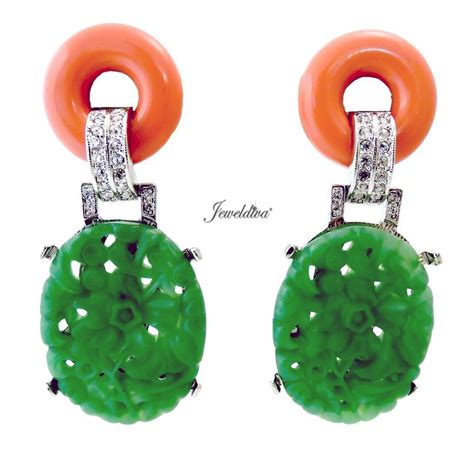 Signed Kenneth J Lane Faux Coral Jade Crystal Earrings