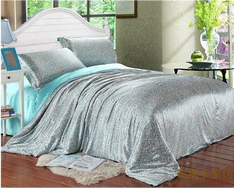 Aqua Blue Paisley Luxury Silk Satin Bedding Comforter Set For King