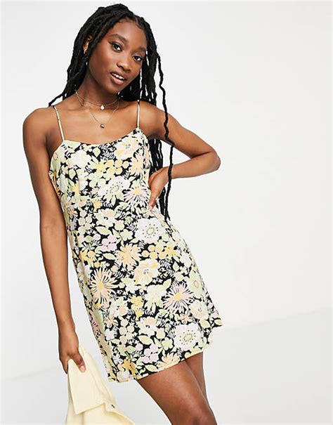 Miss Selfridge Tie Back Mini Slip Dress In Black Tropical Floral