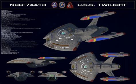 Views of the Nova Class Starship with vital statistics on the ship; the length, width, and ...