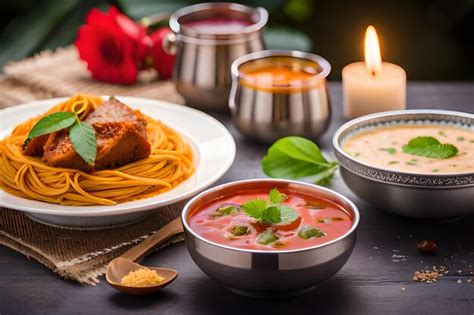 Uma Mesa Tigelas De Comida Incluindo Molho De Tomate E Macarr O