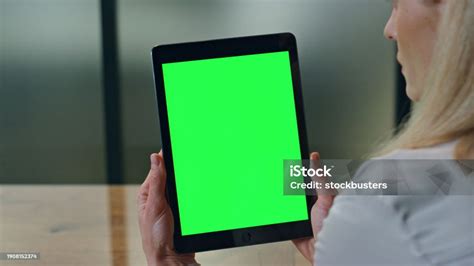 Greenscreen Pad Woman Hands Holding At Office Close Up Lady Watching