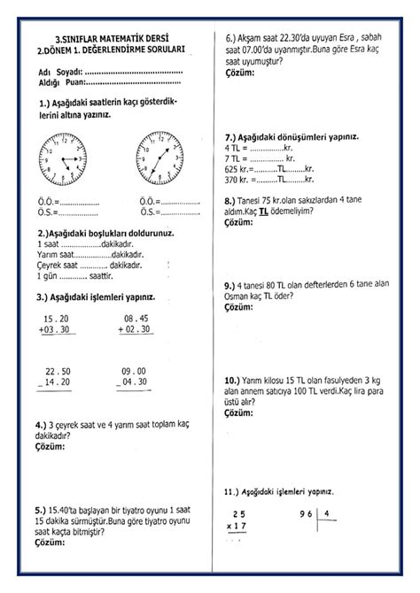 3 Sınıf Matematik ve Hayat Bilgisi Değerlendirme Soruları