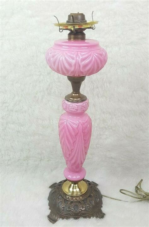 Antique Victorian Pink Milk Glass Brass Banquet Parlor Electrified Oil Lamp Victorian With