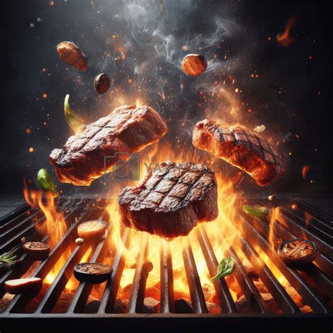 Tasty beef steaks and skewers flying above cast iron grate with fire