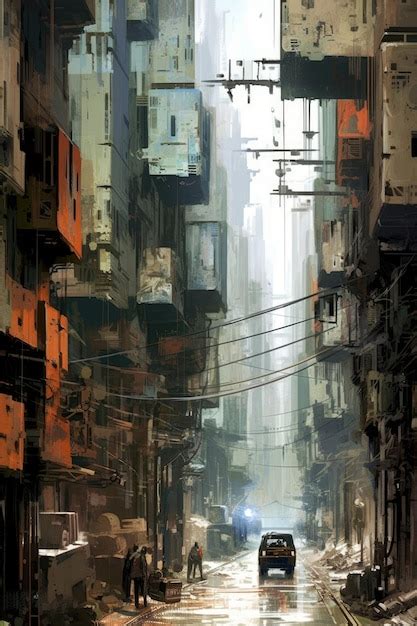 Premium AI Image | A painting of a street with a cityscape and a street ...