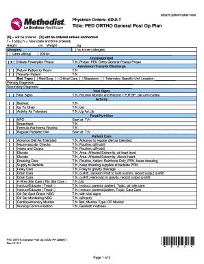 Fillable Online Ped Ortho Gen Post Op Admit Plan Methodistmd Fax