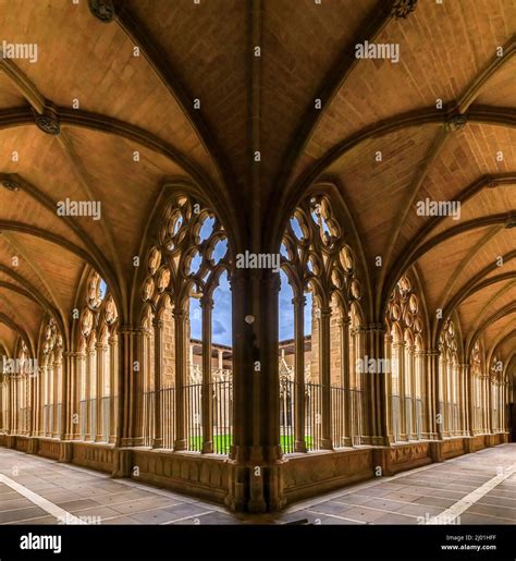 Pamplona Spain June 21 2021 Ornate Gothic Cloister Arcade Arches Of