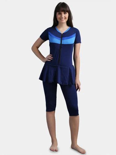 N Gal Lycra Blue Front Zip Knee Length Padded One Piece Swimsuits At Rs