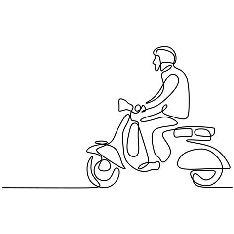 Continuous Line Art Or One Line Drawing Of Young Man Riding Vespa