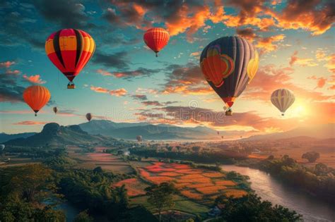 Hot Air Balloons Soaring Over Lush Fields At Sunrise Stock Image