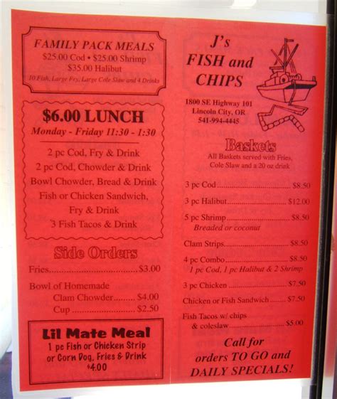 Menu at J's Fish & Chips restaurant, Lincoln City