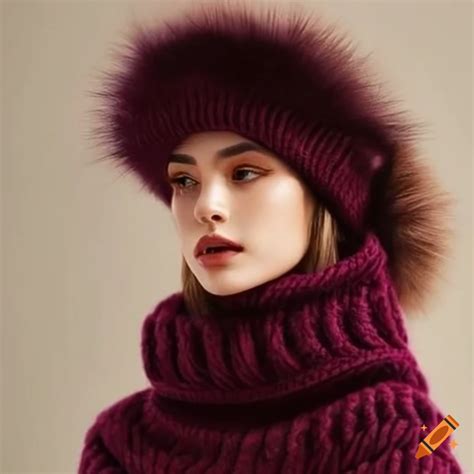 Woman Wearing Chunky Knit Turtleneck Pullover And Winter Hat With Fur