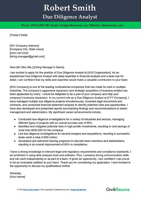 Due Diligence Analyst Cover Letter Examples Qwikresume