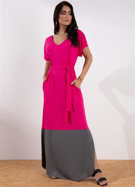 Vestido Longo Pink E Chumbo Fendas E Bolsos Quintess