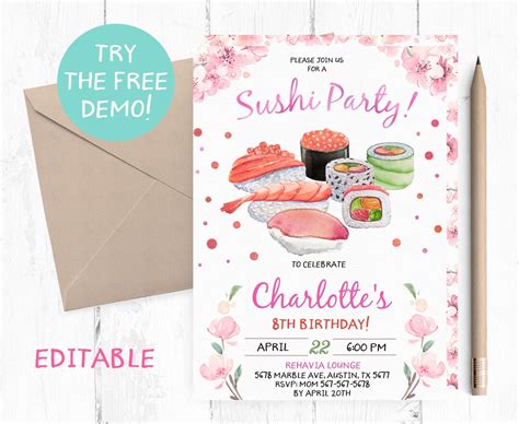 Editable Sushi Party Invitation Sushi Birthday Party Sushi Invite