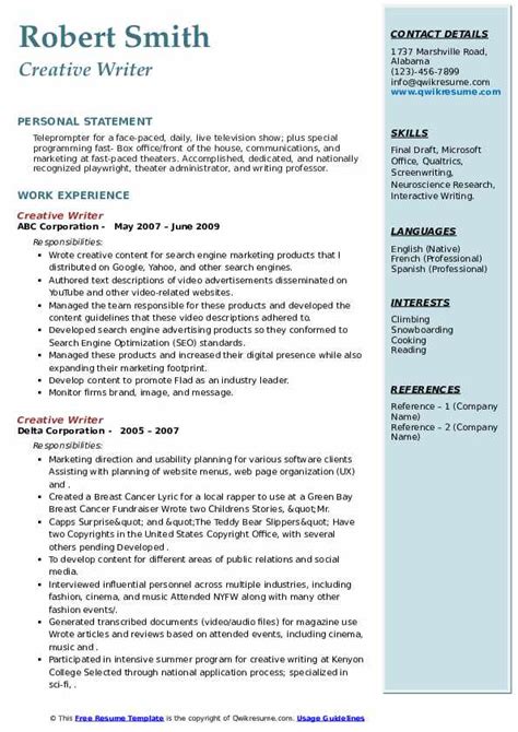 Creative Writer Resume Example - aresumec