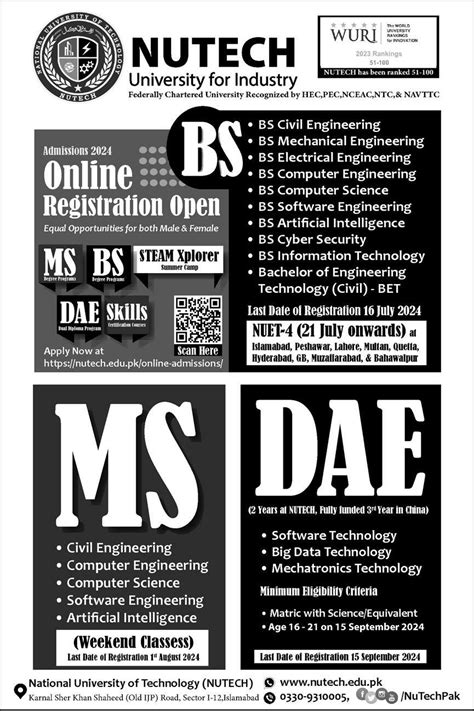 Bs Ms And Dae Program Admissions At National University Of Technology