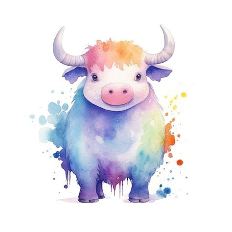 Pintura em aquarela de uma vaca das terras altas cores do arco íris