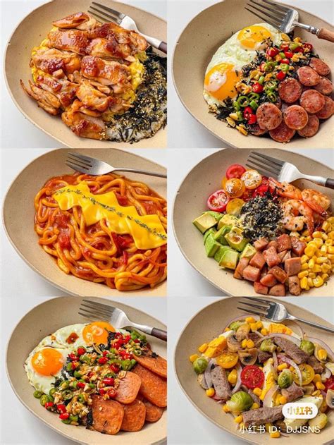 Four Plates With Different Types Of Food On Them Each Containing