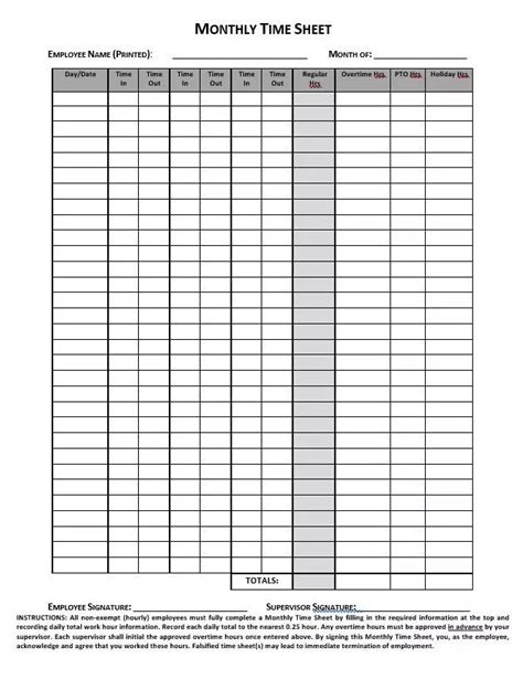 Simple Printable Monthly Timesheet Template Word Approveme