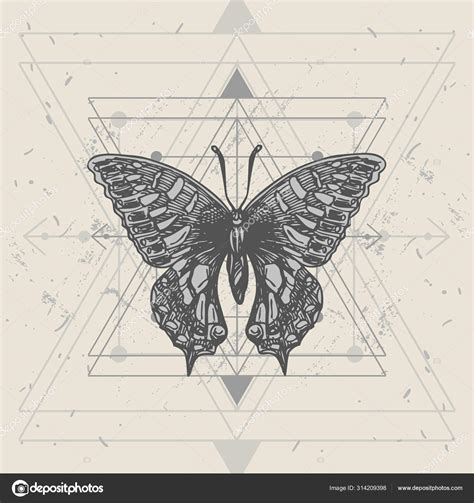 Mariposa y geometría sagrada Ilustración vectorial dibujada a mano