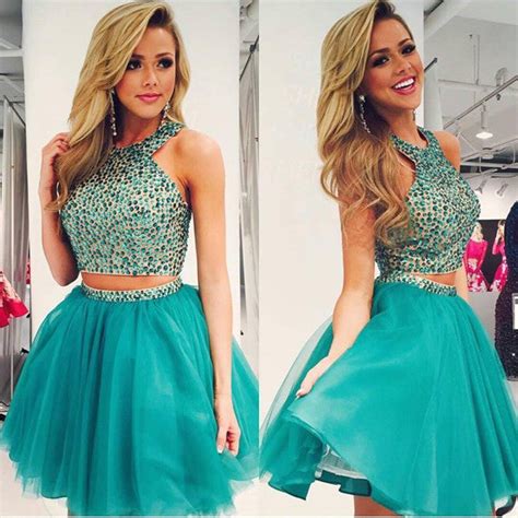 Two Piece Beading Short Prom Dresschiffon Halter Homecoming Dress