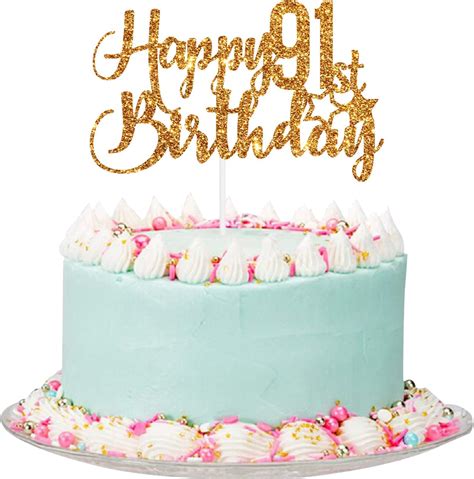 Gold Glitter Happy 91st Birthday Cake Topper 91st