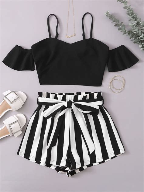 Shein Wywh Cold Shoulder Crop Top And Paperbag Waist Belted Striped