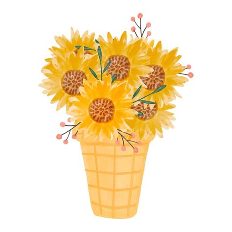 Premium Photo Watercolor Ice Cream Waffle Cone With Sunflowers Bouquet Summer Cold Sweet