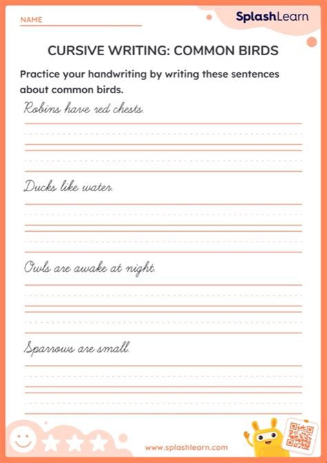 Cursive Writing Common Birds Printable Ela Worksheet