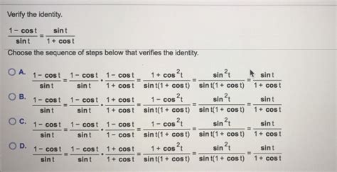 Solved Verify The Identity 1 Cost Sint Sint 1 Cost Choos Chegg