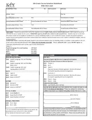 Fillable Online Course Selection Worksheet For Future 10th Grade