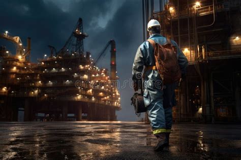 Oil Worker In The Factory An Offshore Oil Rig Worker Walks To An Oil