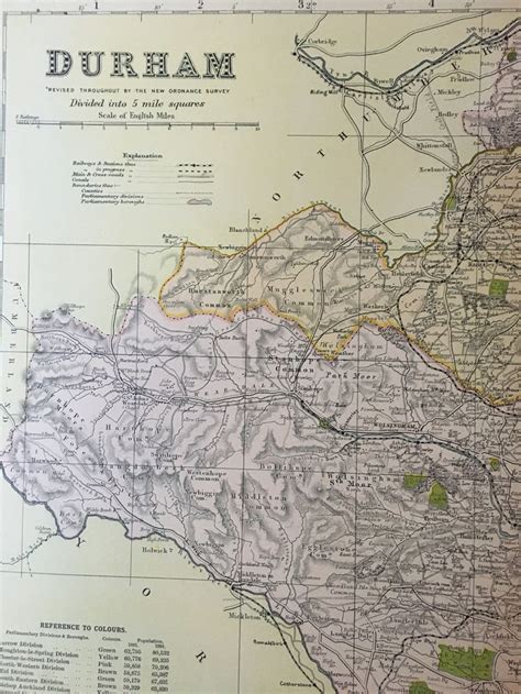 Large Durham Map Original Antique Map Of Durham Cartography Bacon